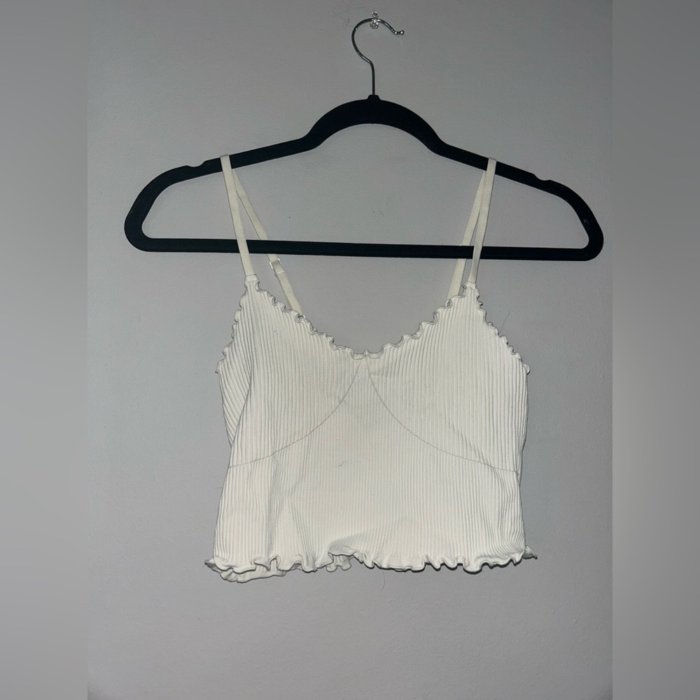 Aerie White Ribbed Top with Ruffle Edges